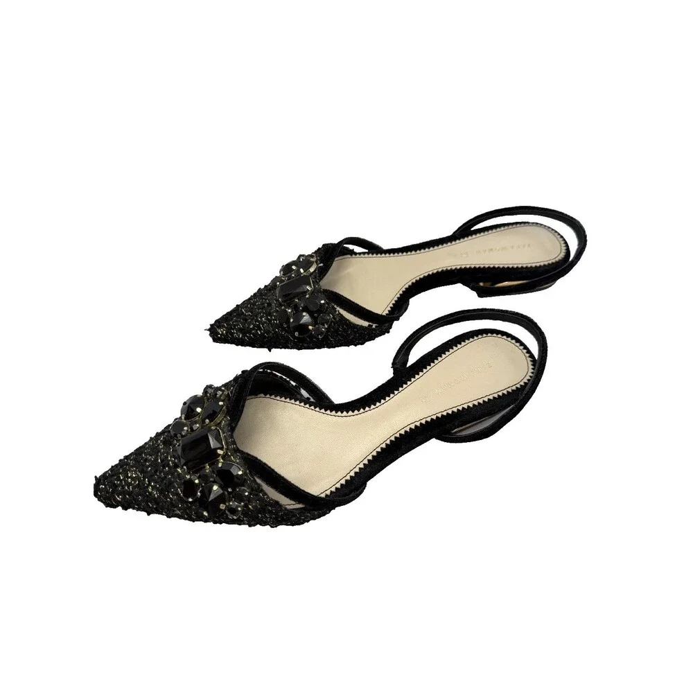 Zara Woman Black Tweed Jeweled Slingback Flats Gold Metallic Heel Sz EU 37/US 7